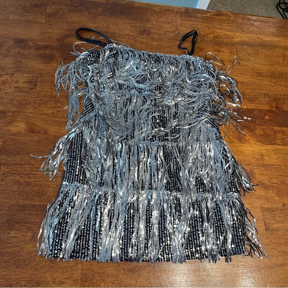 Day + Moon black silver fringe sequin dress size small